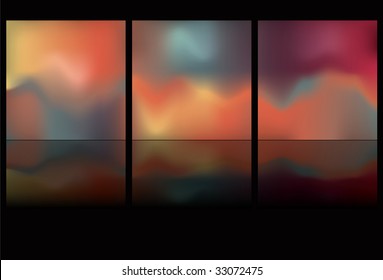 Note: Gradient Meshes are used. This is a set of three glowing spectrum buttons on a black background.