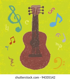 Note the guitar and was drawn with a crayon