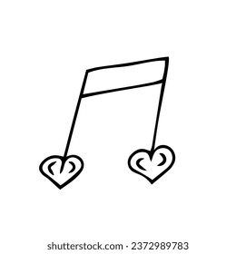A note with hearts. Romantic melody. Vector black and white contour drawn by hand. Template, clipart, excise, doodles, logo, icon, design.