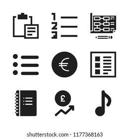 note icon. 9 note vector icons set. planning, musical note and euro icons for web and design about note theme
