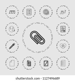 Note icon. collection of 13 note outline icons such as clipboard, paper, pen, clip, signed document, checklist, emoji listening music. editable note icons for web and mobile.