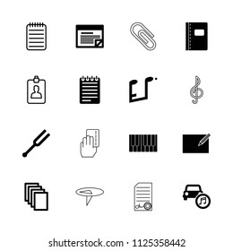Note icon. collection of 16 note filled and outline icons such as paper, tonometer, car music, plan, clipboard, piano, paper and pen. editable note icons for web and mobile.