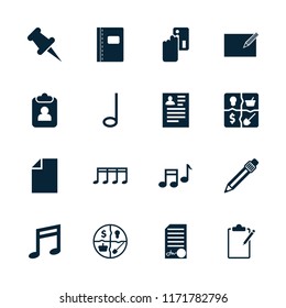 Note icon. collection of 16 note filled icons such as resume, credit card payment, pen, clipboard, marketing, pin, paper. editable note icons for web and mobile.