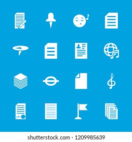 Note icon. collection of 16 note filled icons such as resume, emoji listening music, flag, paper, document, pin, signed document. editable note icons for web and mobile.