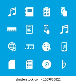 Note icon. collection of 16 note filled icons such as cash payment, paper, piano, check list, emoji listening music, bemol. editable note icons for web and mobile.