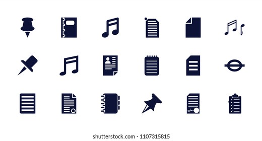 Note icon. collection of 18 note filled icons such as paper, pin, document, resume, checklist, paper pin. editable note icons for web and mobile.