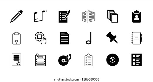 Note icon. collection of 18 note filled and outline icons such as paper, checklist, pencil, document, clipboard, international music. editable note icons for web and mobile.