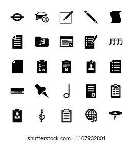 Note icon. collection of 25 note filled icons such as document, piano, clipboard, paper and pen, paper, plan, pin, check list. editable note icons for web and mobile.