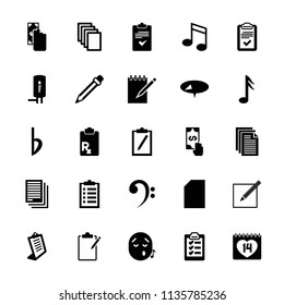 Note icon. collection of 25 note filled icons such as paper, clipboard, cash payment, pin, 14 date, bemol, paper and pen, pencil. editable note icons for web and mobile.