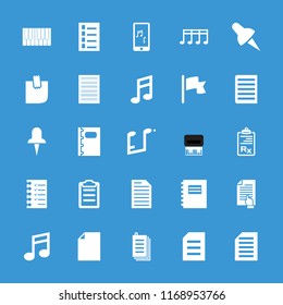 Note icon. collection of 25 note filled icons such as document, notepad, paper, clipboard, flag, pointing on document, piano, pin. editable note icons for web and mobile.