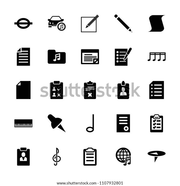 Note icon. collection of\
25 note filled icons such as document, piano, clipboard, paper and\
pen, paper, plan, pin, check list. editable note icons for web and\
mobile.