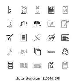 Note icon. collection of 25 note outline icons such as document, resume, paper, piano, download music, check list, clipboard, bemol. editable note icons for web and mobile.