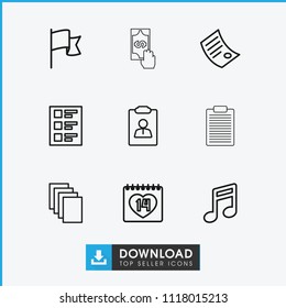Note icon. collection of 9 note outline icons such as paper, 14 date, resume, checklist, flag, document, cash payment. editable note icons for web and mobile.
