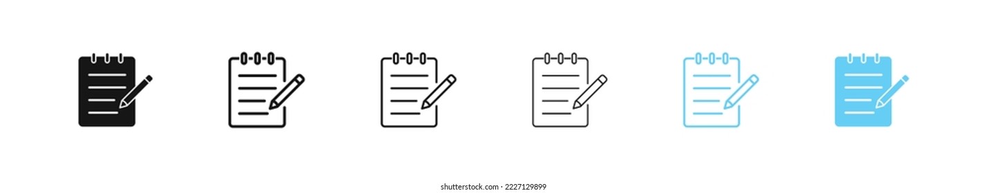 Note icon. Notepad symbol. Notebook sign. Pen with note icons set. Vector isolated sign.