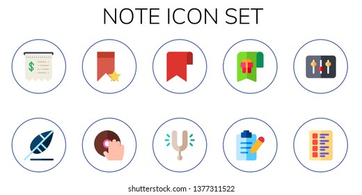 note icon set. 10 flat note icons.  Collection Of - receipt, write, bookmark, dj, tuning, list, test