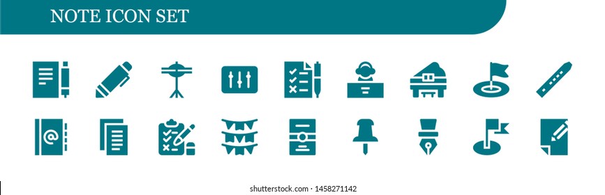 note icon set. 18 filled note icons.  Simple modern icons about  - Note, Pen, Cymbals, DJ, Tasks, Piano, Flag, Flute, Agenda, Notes, Test, Flags, Postcard, Push pin, Paper