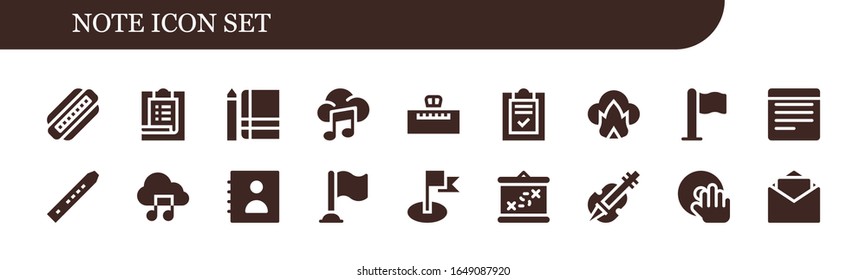 note icon set. 18 filled note icons.  Simple modern icons such as: Harmonica, Task, Notebook, Music, Piano, List, Dangerous, Flag, Notes, Flute, Music file, Agenda, Boarding, Violin