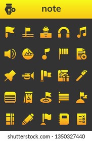 note icon set. 26 filled note icons.  Collection Of - Flag, Pen, Flags, DJ, Audio, Music, Sticker, Musical note, Document, Push pin, Jazz, List, Notes, Danger, Notebook