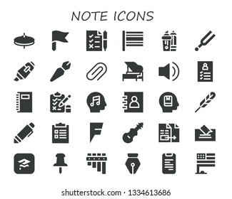 note icon set. 30 filled note icons.  Collection Of - Cymbals, Flag, Tasks, Highlighter, Tuning, Pen, Attachment, Piano, Audio, Register, Notebook, Test, Music, Agenda, Memorize