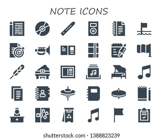 note icon set. 30 filled note icons.  Collection Of - Sheet, Compact disc, Flute, Music player, Notes, Flags, Document, Jazz, Postcard, Notebook, Flag, Feather pen, Piano, Music album