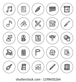 Note icon set. collection of 25 outline note icons with clarinet, dj, danger, document, flute, flag, flags, list, music, note, pen, order, piano icons. editable icons.