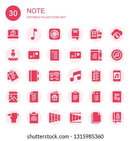 note icon set. Collection of 30 filled note icons included Notebook, Note, Music memos, Notepad, Pixelated, Postcard, List, Clipboard, Sketchbook, Paper, Prescription, Compact disc