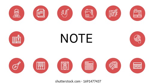 note icon set. Collection of Planner, Note, Saxophone, Document, Register, Lute, Piano, Wedding date, Price list, Paper, Notebook, DJ icons