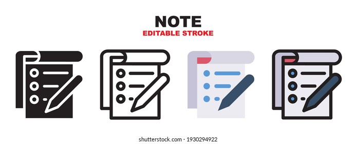 Note icon set with different styles. Colored vector icons designed in filled, outline, flat, glyph and line colored. Editable stroke and pixel perfect. Can be used for web, mobile, ui and more.