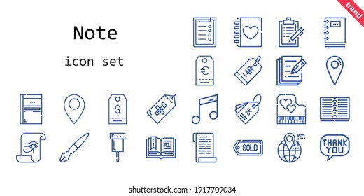 note icon set. line icon style. note related icons such as sketchbook, clipboard, speech bubble, diary, piano, music, paper, fountain pen, pin, open book, price tag, location, tag, write, notebook
