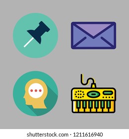 note icon set. vector set about push pin, thinking, piano and envelope icons set.