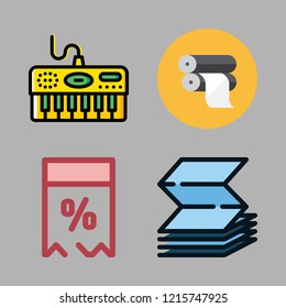 note icon set. vector set about price tag, office material, piano and paper roll icons set.