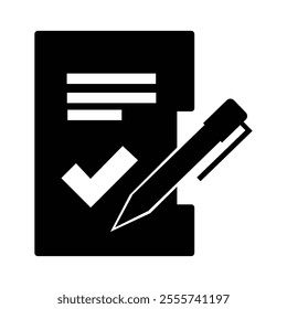 Note icon vector sign. Checklist, pen, document, checkmark, approval, form, simple design, minimalist, graphic symbol, task completion, administrative, paperwork, contract signing, monochrome.