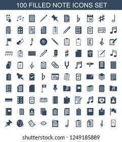 note icons. Set of 100 filled note icons included mobile phone music, treble clef, paper, checklist on white background. Editable note icons for web, mobile and infographics.