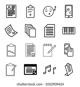 Note icons. set of 16 editable outline note icons such as plan, resume, paper, clipboard, cash payment, emoji listening music, medical clipboard, piano, mobile phone music