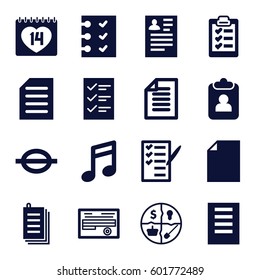 note icons set. Set of 16 note filled icons such as resume, check list, document, paper, 14 date, checklist, clipboard
