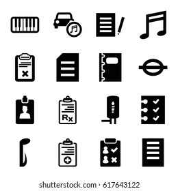 Note icons set. set of 16 note filled icons such as clipboard, medical clipboard, music note, piano, car music, notebook, checklist, geyser, document, check list
