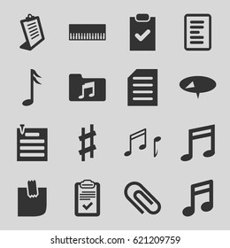 Note icons set. set of 16 note filled icons such as clipboard, music folder, musical sharp, document, paper pin, checklist, piano, pin
