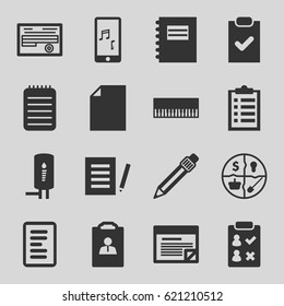 Note icons set. set of 16 note filled icons such as document, notebook, pen, mobile phone music, geyser, plan, resume, checklist, marketing, piano, notepad, check list