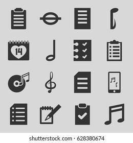 Note icons set. set of 16 note filled icons such as 14 date, notebook, treble clef, mobile phone music, checklist, paper, document