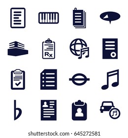 Note icons set. set of 16 note filled icons such as document, resume, paper, clipboard, music note, piano, car music, international music, bemol, documents box