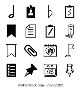 Note icons set. set of 16 note filled and outline icons such as document, music note, clipboard, flag, pin, 14 date, bemol, paper, 14 date calendar, geyser, clip