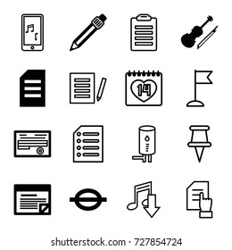 Note icons set. set of 16 note filled and outline icons such as document, pen, music note, violin, plan, pointing on document, flag, 14 date, mobile phone music, pin, paper