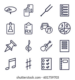 note icons set. Set of 16 note outline icons such as document, clipboard, tonometer, violin, car music, musical sharp, notebook, checklist, creadit card payment, pin