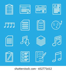 Note icons set. set of 16 note outline icons such as resume, check list, document, clipboard, checklist, paper, plan, emoji listening music