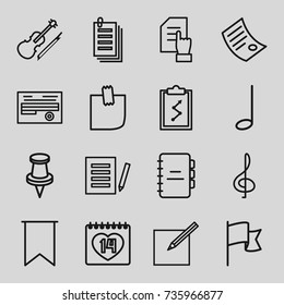 Note icons set. set of 16 note outline icons such as pointing on document, document, paper, 14 date, pin, violin, music note, paper and pen, flag, treble clef