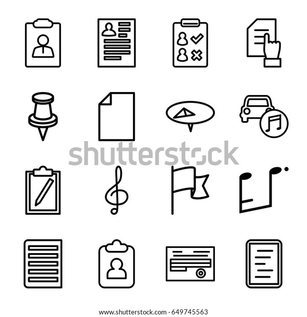 Note icons set. set of 16 note outline\
icons such as resume, pointing on document, document, pin, treble\
clef, car music, music note, flag, paper, check\
list