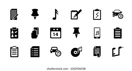 Note icons. set of 18 editable filled note icons: pin, check list, clipboard with chart, notebook, car music, clipboard, paper, 14 date calendar, pointing on document