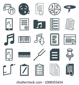 Note icons. set of 25 editable filled and outline note icons such as piano, clipboard, mobile phone music, music folder, paper, document, eating mouth, checklist, marketing