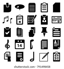 Note icons. set of 25 editable filled note icons such as document, pointing on document, pin, paper, treble clef, checklist, notebook, clipboard, paper and pen, paper pin