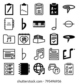 Note icons. set of 25 editable filled and outline note icons such as clipboard, international music, bemol, music note, check list, 14 date, documents box, checklist